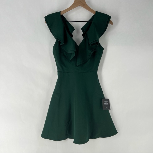 Lulus Divine Darling Hunter Green Ruffled V-Neck Skater Dress NWT Size XS‎ - Picture 2 of 15